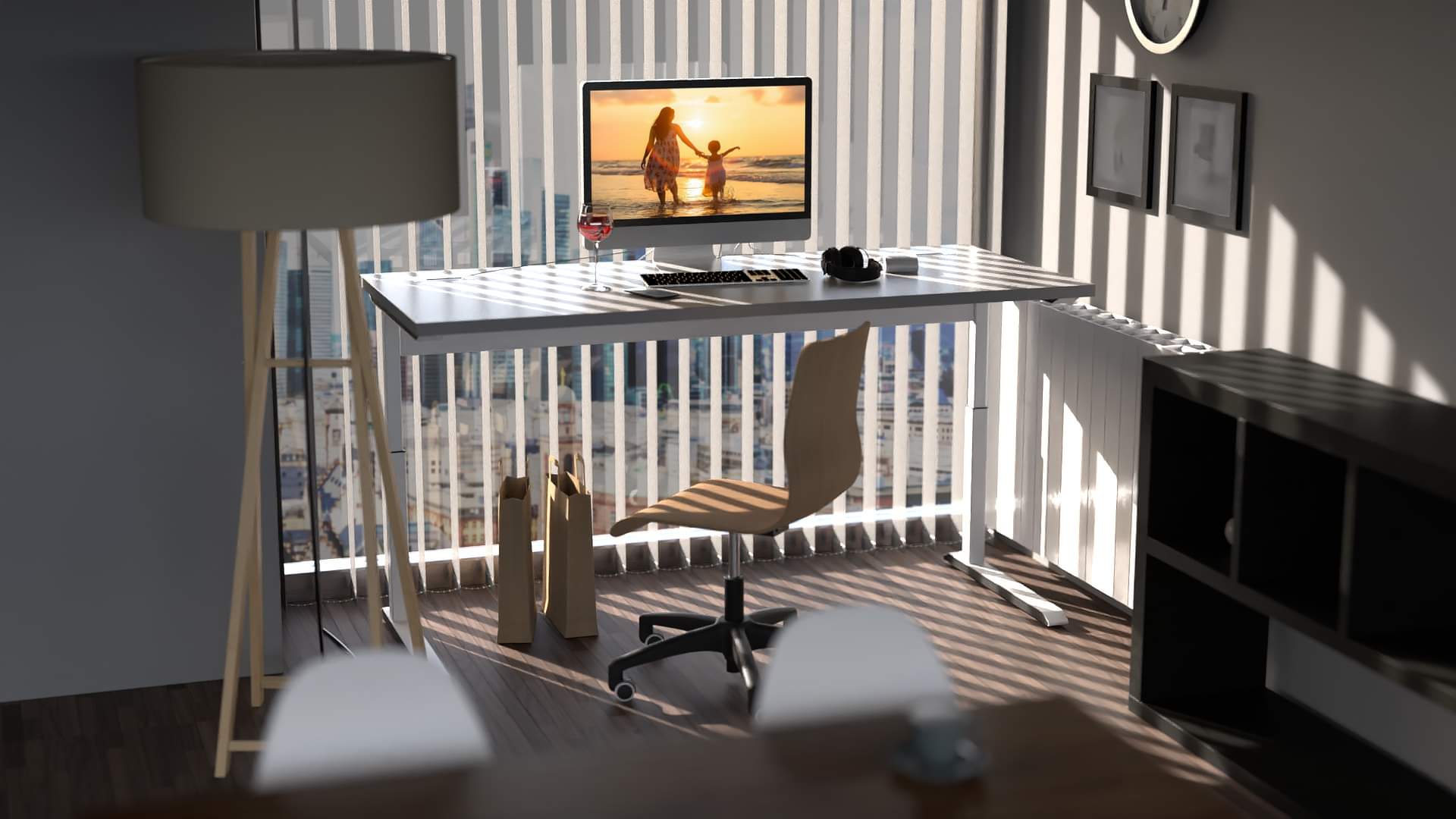 Fotorealistisches Innenarchitur Rendering einer Home Office Szene mit iMAC auf einem Höhenverstellaren Schreibtisch mit Weinglas und Büroprodukten.